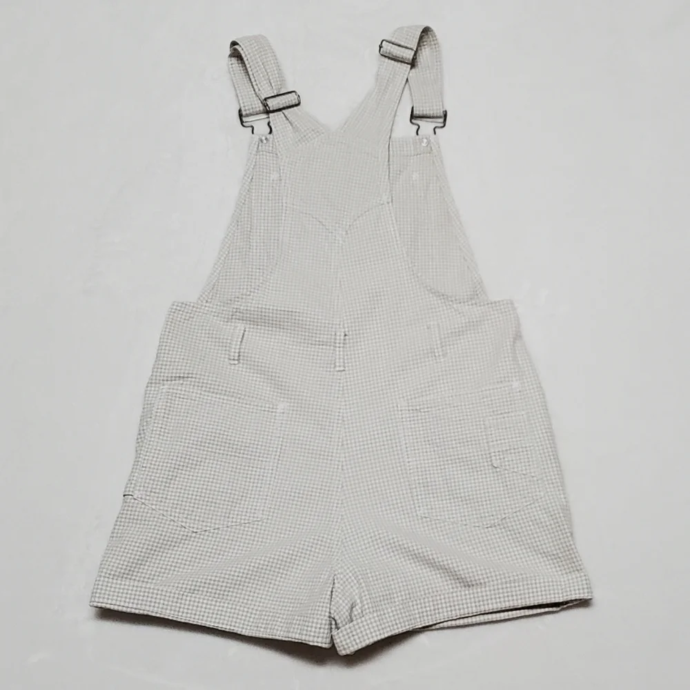 VINTAGE No Boundaries Seafaom Green Checked Side Button Shorts Overalls Romper
